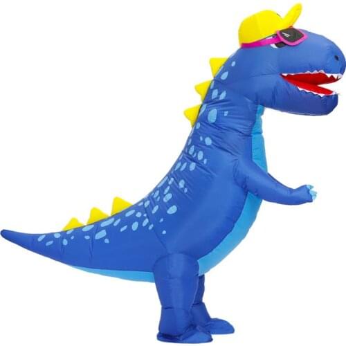 New Blue Super Blow Up Dinosaur Inflatable Costumes Funny Halloween Cosplay Costume Adult Stand Spot T-rex with Hat Party Dress