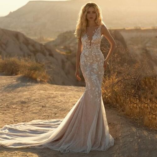 Eightree Boho Mermaid Lace Wedding Dresses Simple Off the Shoulder Bohemian Appliques Bridal Gowns Champagne Beach Bride Dress