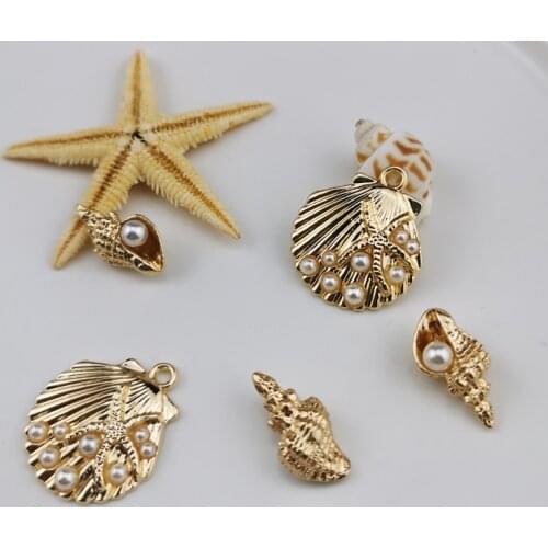 10pcs Pearl Conch Shell Alloy Charms Floating Gold ColorTone Starfish Anklet Bracelet Necklace DIY Handmade Accessories Craft