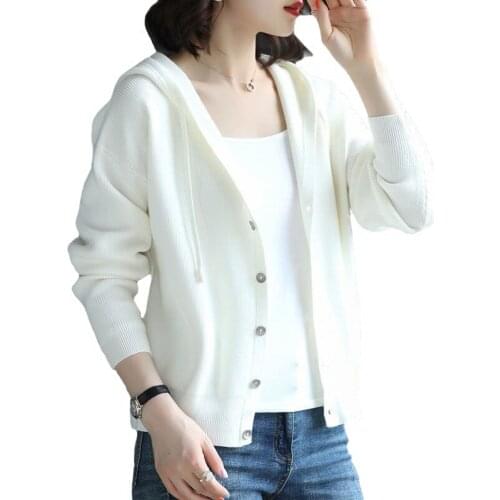 Casual Knit Cardigan Sweater Coat Female 2021 Spring Autumn Womens Hooded Knit Top Loose Long-Sleeved Elasticity Short Sweater