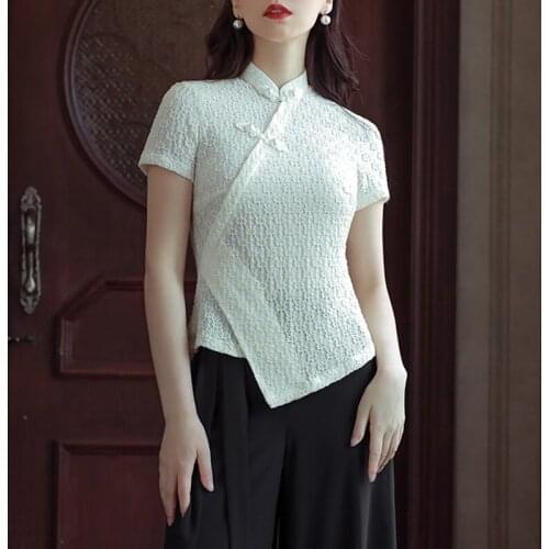 Chinese Style Cheongsam Collar Pullover Short-Sleeved Knitted T-Shirt Tang Suit Qipao Shirt Ladies Chinese Tops Summer New 30969