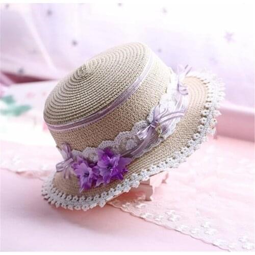 Mori Girl Summer Straw Hats Women Beach Sun Hat Lolita purple color Round Flat Top Headwear B1037
