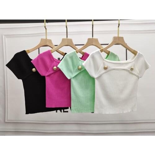 Summer Casual 2021SS New Women Hollow Short Sleeve Knitted Slim T-Shirt Tee Female Fashion Tops 4 Color Gdnz 6.10