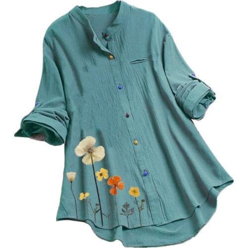 Plus Size Floral Print Color Button Closed Collar Long Sleeve Shirt Womens white European and American print blouse shirt