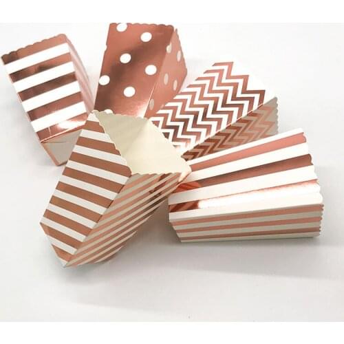 12pcs Metallic Rose Gold Striped Dot Popcorn Box Wedding Decorations Birthday Party Candy Box Dessert Containers for Treats
