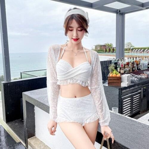2021 fairy fan fission bikini three-piece lace sexy ins wind boxer long-sleeved hot spring bathing suit