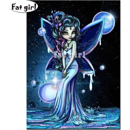5D Diy Diamond Mosaic Moon Night Diamond Painting Full Square Round Big Eyes Girl Fairy Angle Diamond Embroidery Woman Sticker