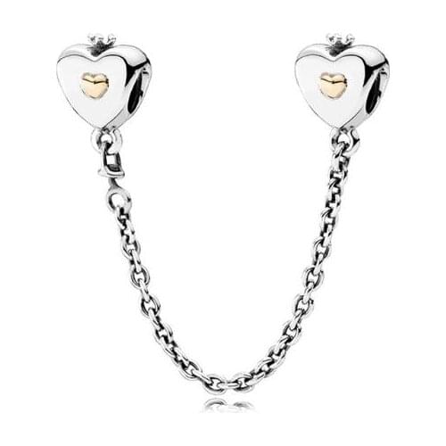 Genuine 925 Sterling Silver Charm Gold Color Love Heart & Crown Safety Chain Bead Fit Pan Bracelet & Necklace DIY Jewelry