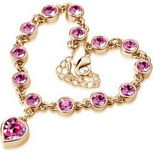 KUNIU Fashion 1Piece Gold with Pink Crystal Heart Drop about 23CM Wrist Chain Bracelets For Women Female Girls