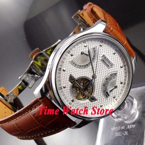 Parnis 43mm Seagull ST series Automatic Mens watch Power reserve display deployant clasp blue silver white dial blue hands