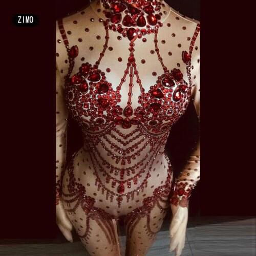 Black Red Sparkly Rhinestones Jumpsuit Women sexy Birthday Dance Party Prom purple Bodysuit Nightclub Singer Show Stage Rompers