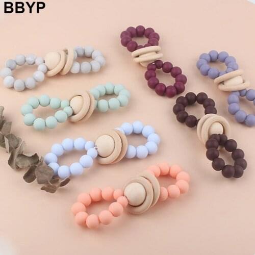 Baby Rattle Bracelet Wooden Toys BPA Free Food Grade Silicone Baby Teether Newborn Silicone Rodent Teething Toys Gift