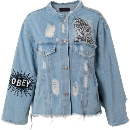 2021 Denim jacket with broken holes and letter embroidery for girls, Korean style denim jacket, loose top Y619