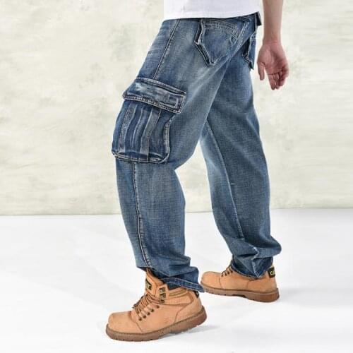 Russian Style Mens Cargo Jeans Pants Multi Pocket Hip Hop Designer Baggy Jeans Mens Loose Fit Casual Trousers Cotton Pants