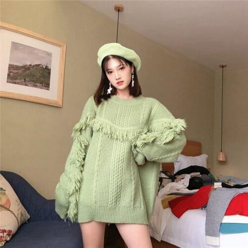 H9558 Korean Tassel Pullover Women Autumn Winter Round Collar Loose Knitted Jumper Tops Student College High Quality Sweaters