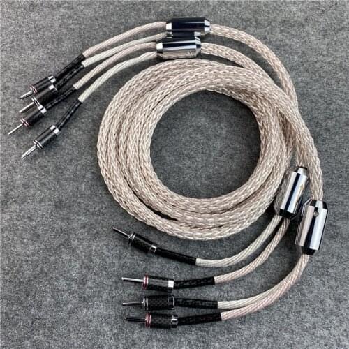 Pair Audiophile Silver Plated Speaker Cable Carbon Fibre Banana To Spade HiFi Audio Line