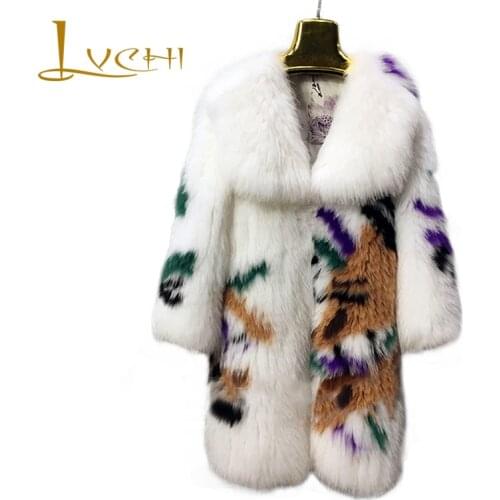 LVCHI 2019 new winter Female Thick warm fox fur coat 3D floral design fashion coats Knitted real fur fox female jacket In stock