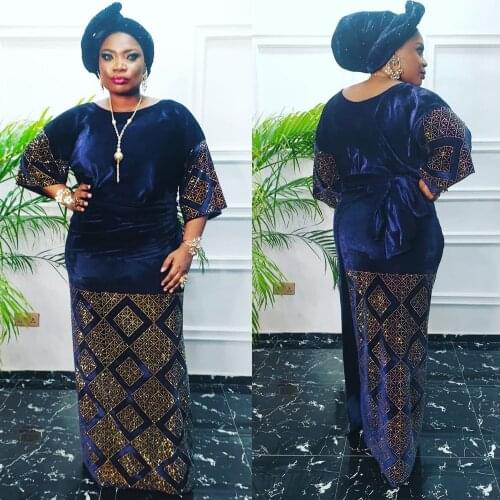 MD 2021 New African Women Hippie Clothes Top Skirt Headtie 3 Pieces Set Velvet Evening Dress Plus Size Dashiki Ankara Clothing