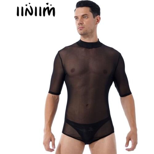 Mens Erotic Lingerie Teddies See-through Mesh Short Sleeve Bodysuit Mock Neck Zipper Back Leotard Nightclub Stage Show Costume
