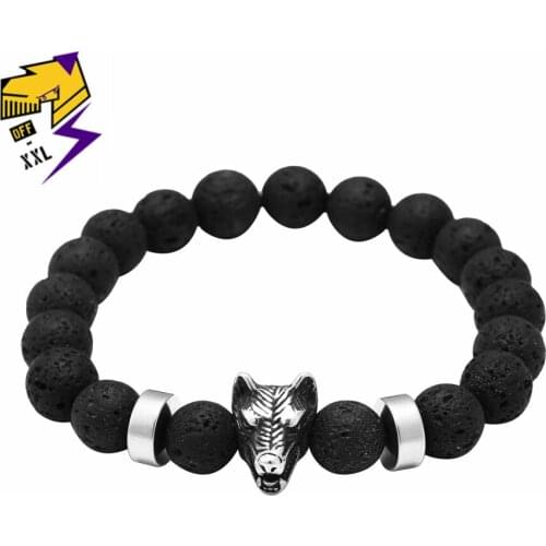 Black Lava Stone Men Bracelet Natural Volcanic Bead Pulsera Stainless Steel Viking Wolf Bracelets Ethnic/Retro Jewelry