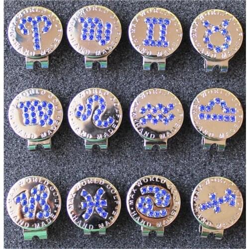 1pc Golf Ball make 12 kinds of lovely new alloy with crystal ballmarker for boys girls zodiac mark magnetic cap hat clips golfer