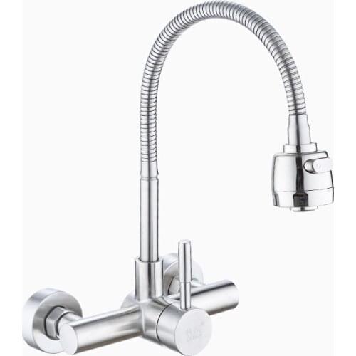 Stainless Steel Wall Mounted Kitchen Faucet Wall Kitchen Mixers Kitchen Sink Tap 360 Degree Swivel Flexible Hose Double Holes