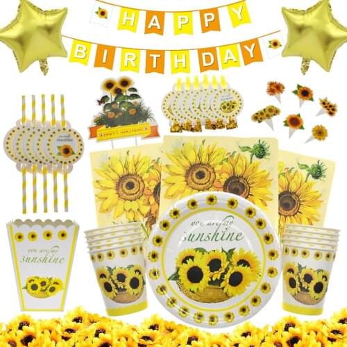 Sunflowers Theme Party Supplies Sun flower Tableware Paper Cup Plate Tablecloth Straw Baby Shower Birthday Party balloons decor