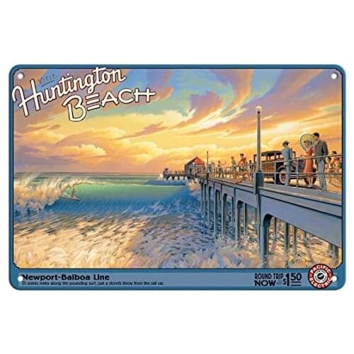 Visit Huntington Beach - California - Newport-Balboa Line - Pacific Electric (Red Car) - Metal Tin Sign