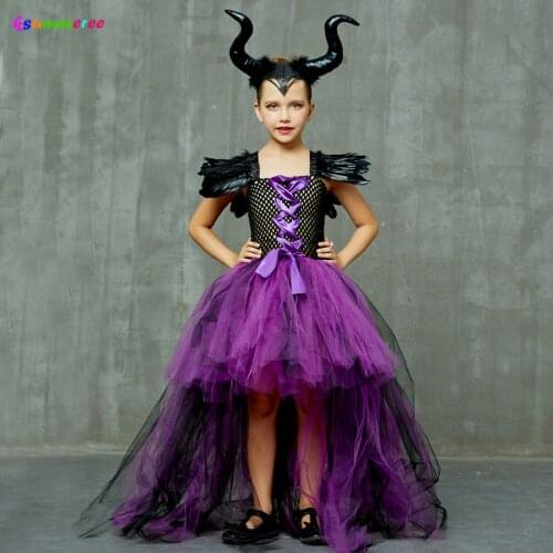Purple Black Children Maleficent Costume Girls Dark Witch Villain Halloween Fancy Tutu Dress Evening Party Carnival Ball Gowns