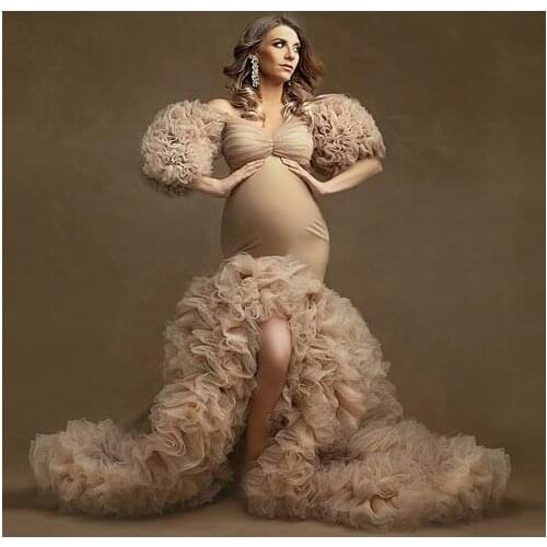 Lush Puffy Tulle Tiered Ruffles Mermaid Maternity Women Dress Gorgeous Puffy Half Sleeves Long Baby Shower Dress To Photo-shoot