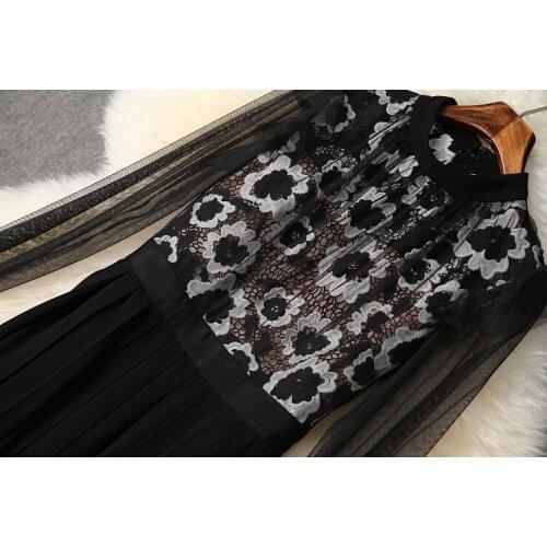 Early spring womens new water soluble bud silk gauze high waist pleated long skirt ladies temperament dressT3727