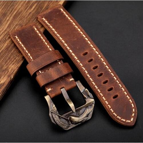Handmade Bronze Watchband+ Personalized Bronze Buckle, 22 23 24 26MM Retro Brown Italian First Layer Leather Men Strap