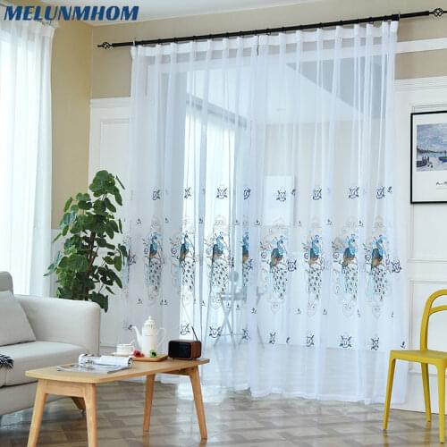 Luxury Embroidered Peacock Birds Cotton Linen Curtains for Living Room Window Treatments White Sheer Tulle for Bedroom Drape