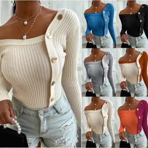 Sexy One Off Shoulder Pullover Sweater Women 2020 Autumn Winter Long Sleeve Solid Knitted Warm Sweater Ladies Outfit Jumpers