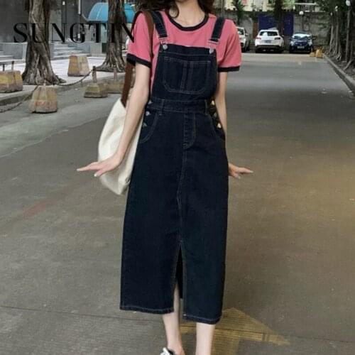 Sungtin Fashion Strap Denim Long Dresses Women Casual Pocket Split Empire Dresses Korean Solid Button Vestido Feminino 2021