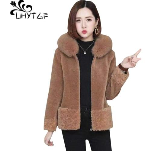 UHYTGF luxury sheep shear autumn winter fur coat women imitation fox fur hooded short coat female Granular velvet warm coats 505