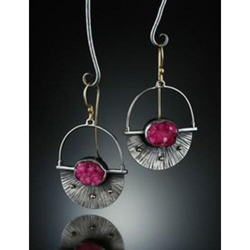 Vintage Oval Earrings for Women Silver Color Semi-hollow Geometric Earring Metal Red Earring Long Hanging Brincos Jewelry O4D289