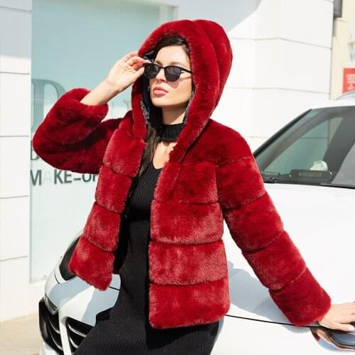 Winter Jacket Women High Quality Faux Rabbit Fur Coat with Hooded Furry Warm Oversize Fake Fur Jacket Female Plush Coats