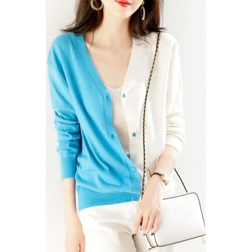 Autumn Korean Fashion Pactwork Knitted Cardigan Women Tops Long Sleeve V Neck Single Breasted Casual Slim Knitting Woman Sweater