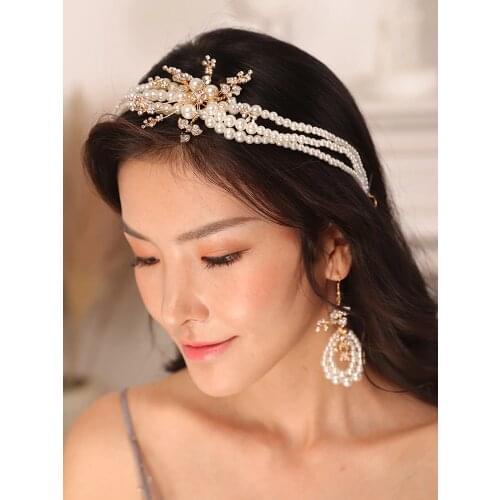 Vintage Gold Pearl Bridal crown wedding headband earrings noble women headdress bride hair jewelry sets
