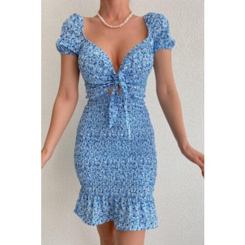 2021 Women Ribbon Detailed Decollete Pleated Gipe Collar Blue Cotton Casual Robe Moda Traf Mini Sexy Summer Dress