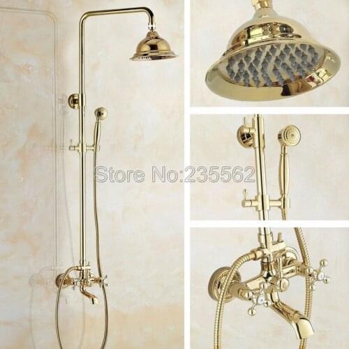 Gold Color Brass Finish Dual Cross Handle Rain Shower Faucet Set Bathroom Shower Mixer Taps lgf346
