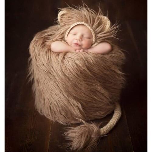 2 Pcs Baby Props Lion Hat Tail Set Newborn Photography Costumes Handmade Knitted Clothes Boys Girls Photo Shooting Outfits