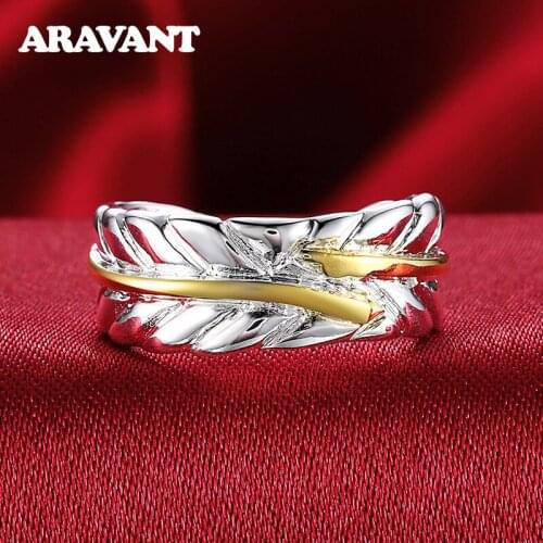 925 Silver Feather Leaf Open Adjustable Rings For Women Wedding Ring Jewelry