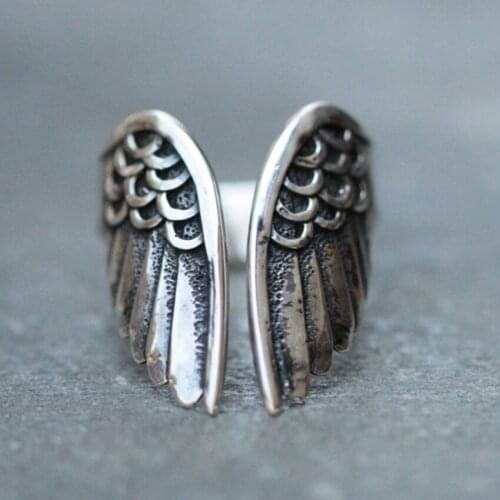 Antique Silver Plated Metal Angel Wing Open Resizable Finger Ring Classic Style Jewelry