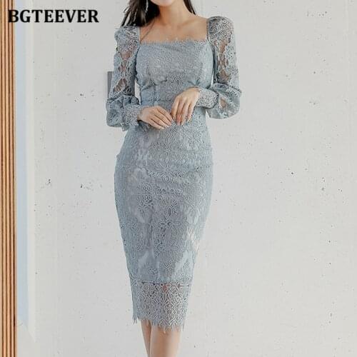 BGTEEVER Elegant Square Collar Hollow Out Lace Dress for Women Long Sleeve Slim Waist Female Package Hip Vestidos 2021 Spring