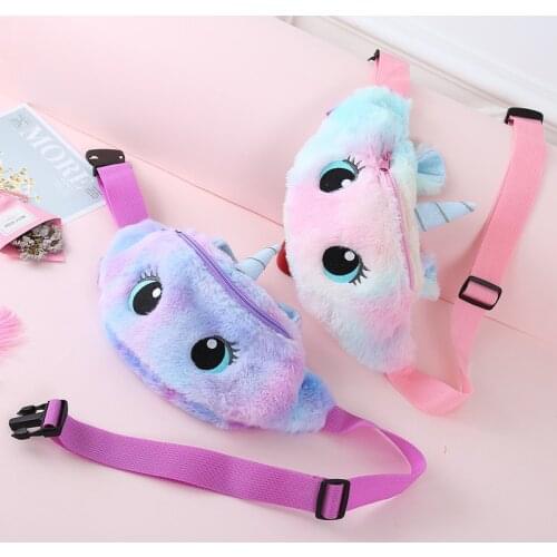 Cute Unicorn Childrens Fanny Pack Girls Waist Bag Kids Plush Toys Belt Gradient Color Anime Cartoon Coin Purse Travel Chest Bag