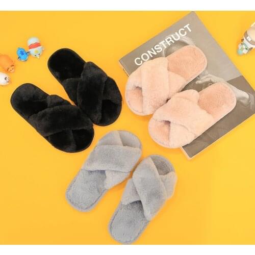 Winter New Solid Indoor Children Fur Slippers Lightweight Non-slip Home Kids Plush Shoes Boys Girls Cross Band Fluffy Slides