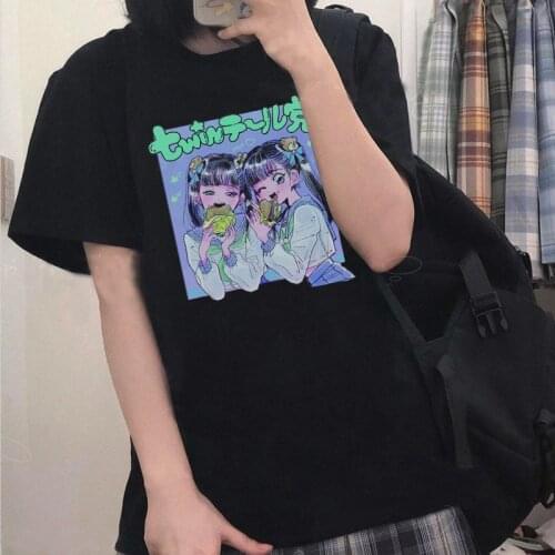 Harajuku Japan Anime kawaii twin girls streetwear Casual Loose Tops Cute vintage Ulzzang Summer fun Cartoon Print women T-shirt