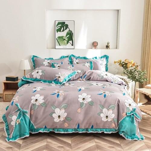 Princess Style Bedding Set 4pcs Lace Ruffles Quilt Cover Solid Color Sheet Pillowcase Bow-knot Flower Print Duvet Cover 4 Piece